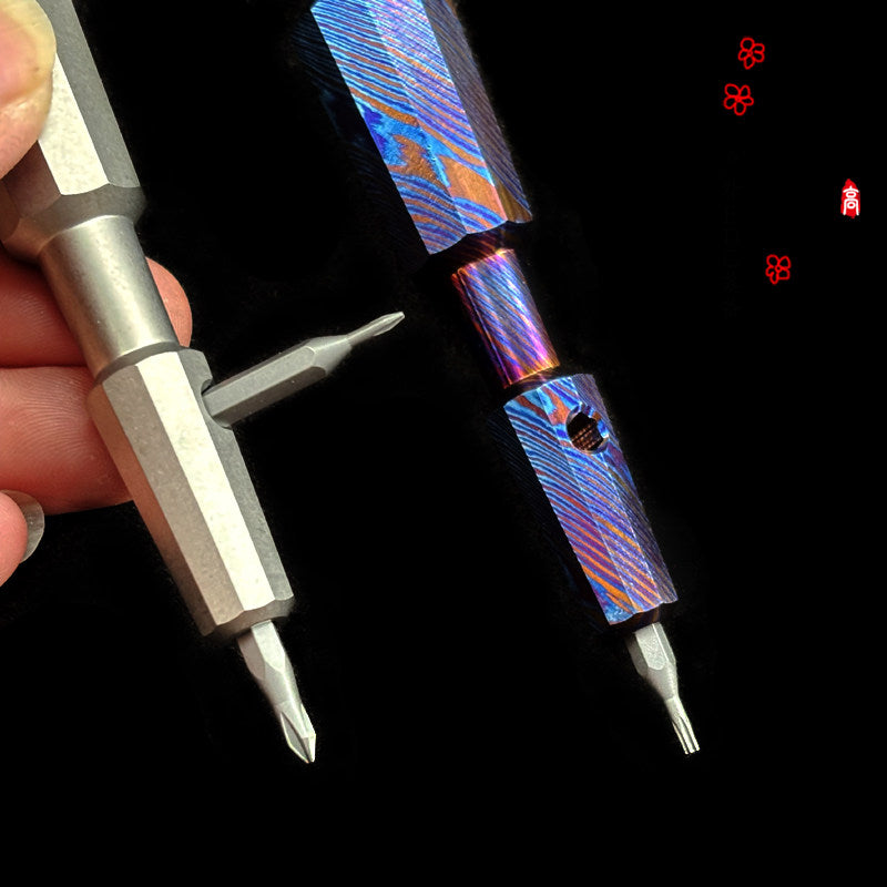Titanium & Damascus EDC Screwdriver Bit Holder - 7-in-1 Portable Tool