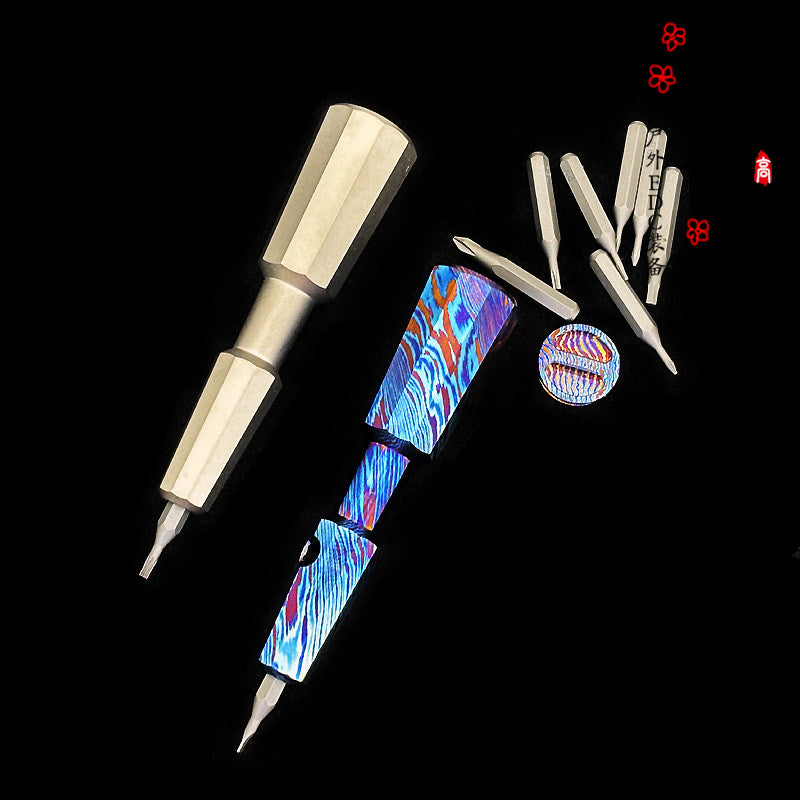 Titanium & Damascus EDC Screwdriver Bit Holder - 7-in-1 Portable Tool