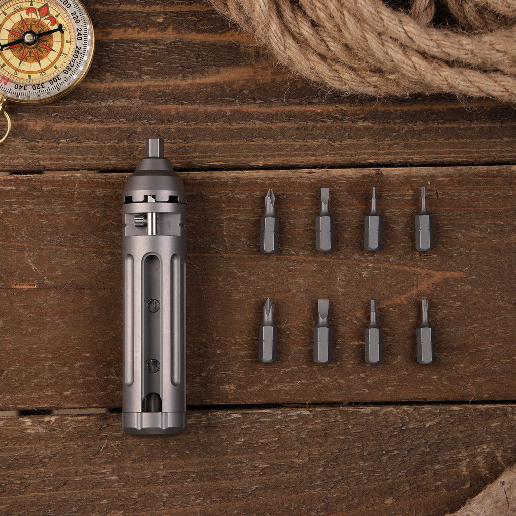 TorqueTi GR5 Titanium Pocket Ratchet Tool Fold Torque Arm 8 Bits Storage